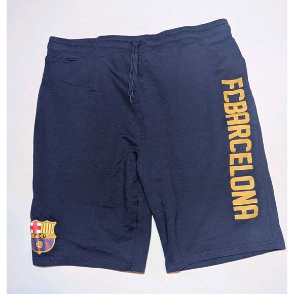 FC Barcelona Mens Fleece Sweat Shorts Size L Blue Spellout Drawstring Waist - Picture 1 of 9
